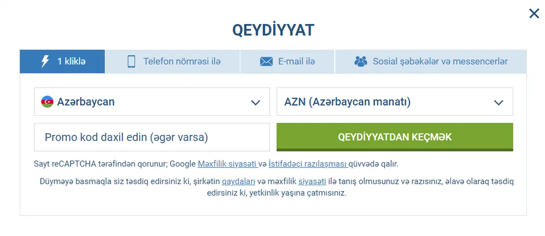 1Xbet Bir kliklə qeydiyyat