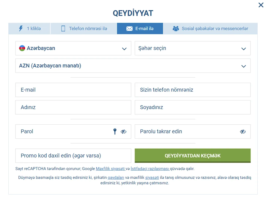 1Xbet E-mail ilə qeydiyyat