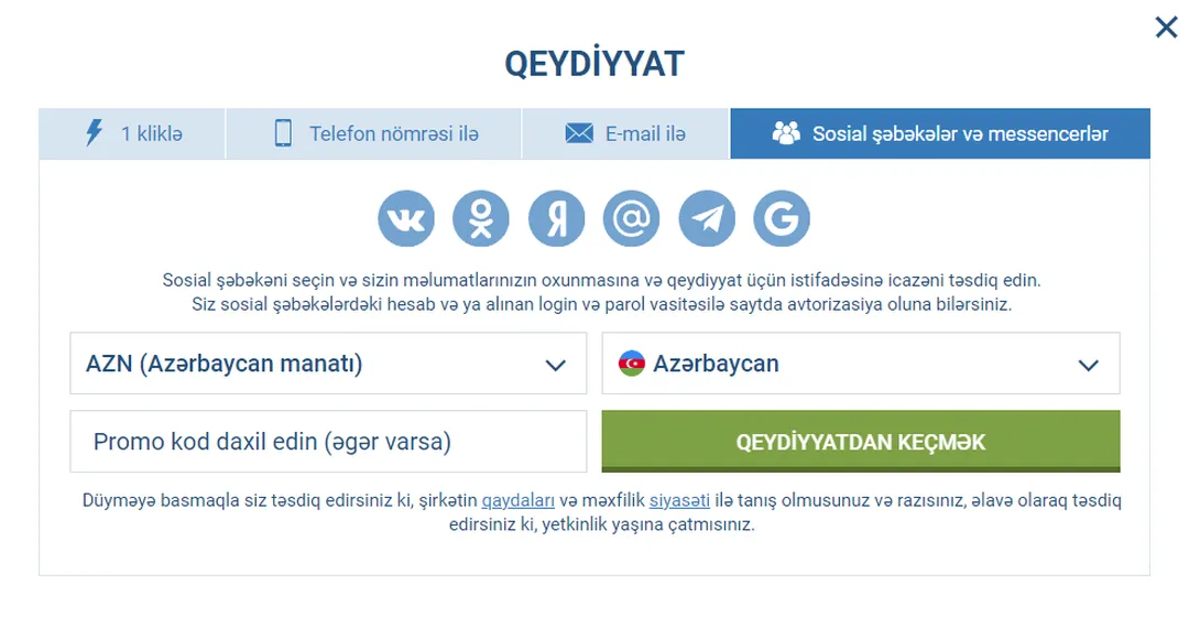 1Xbet Sosial şəbəkələr ilə qeydiyyat