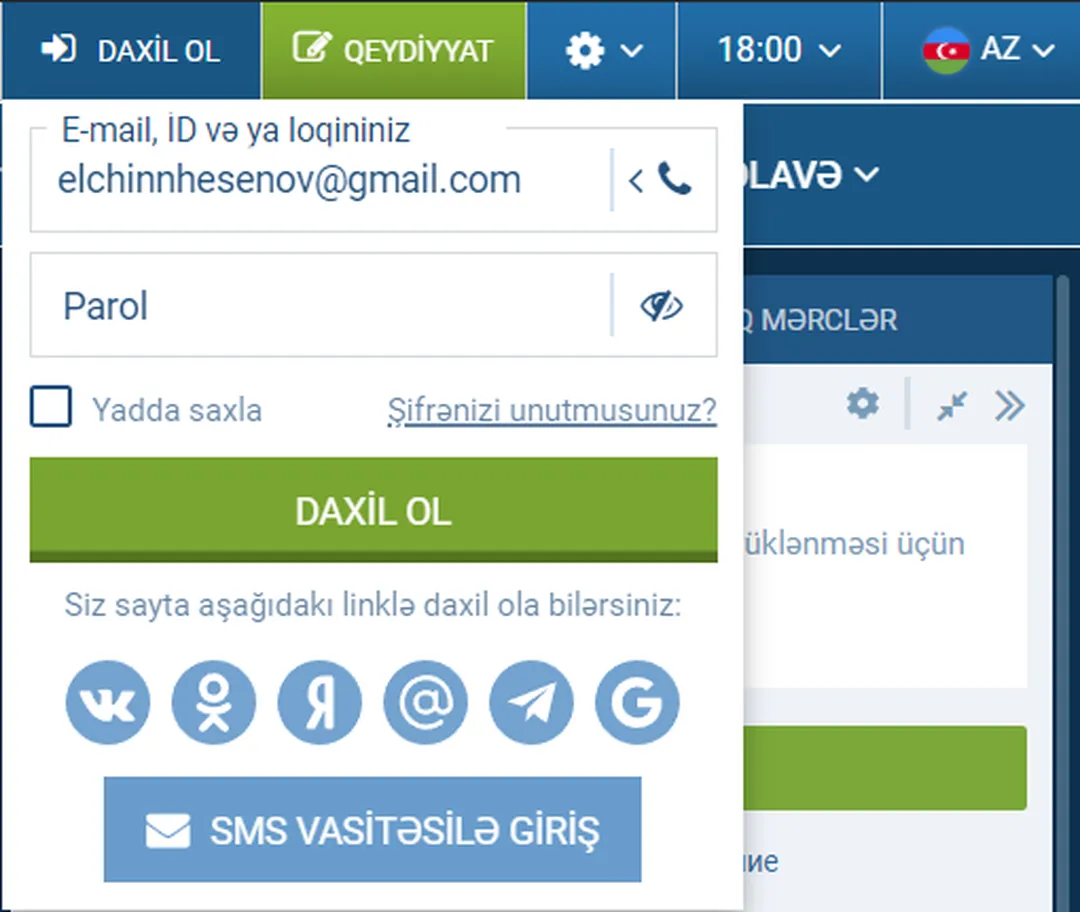 1Xbet İstifadəçi adınızı və ya e-poçtunuzu daxil edin